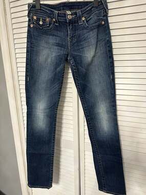 VINTAGE True Religion Slim Straight Jeans Women 28 Dark Wash Y2K 00s EUC